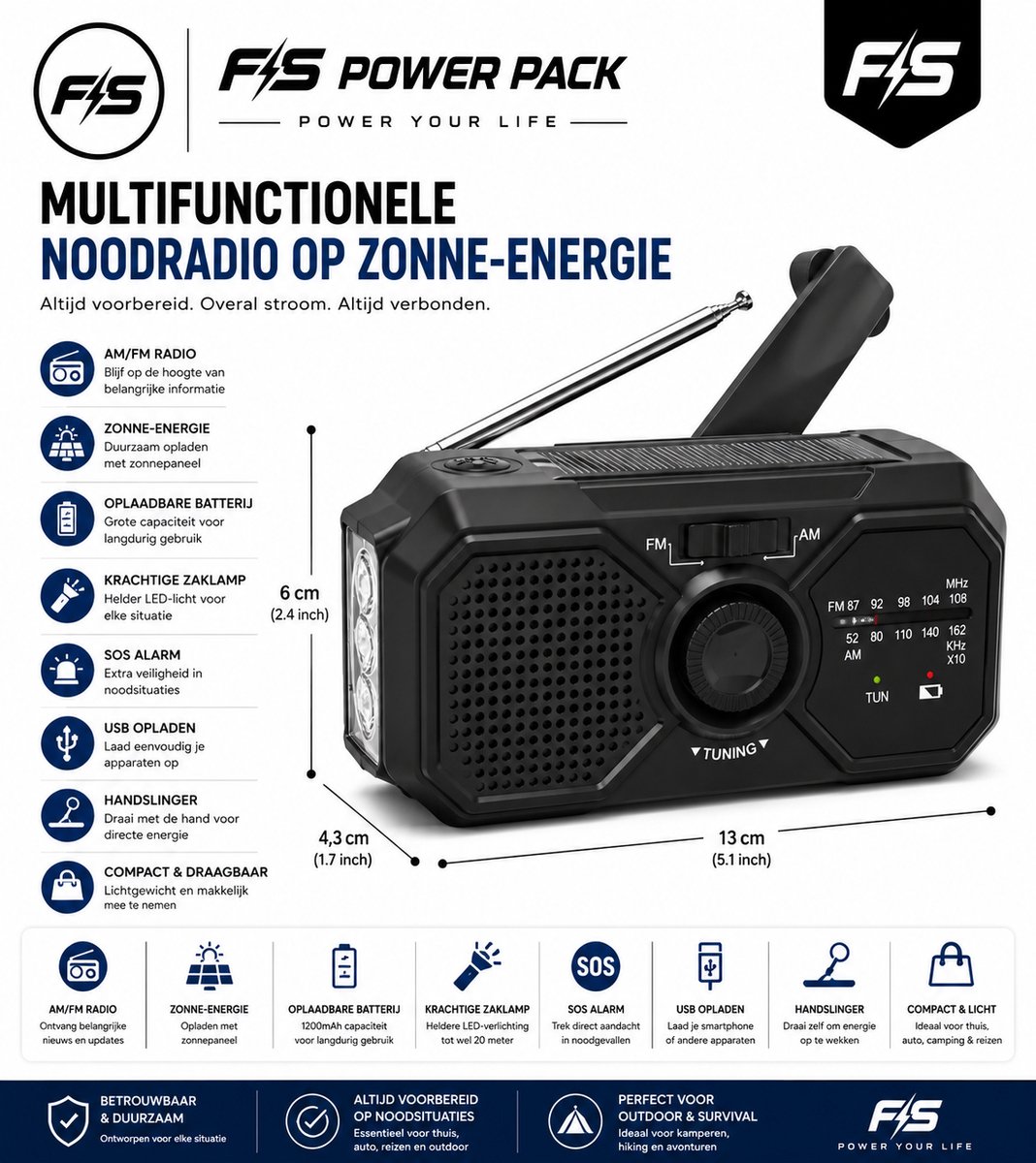 Noodpakket! Noodradio op Zonne-energie met Powerbank & Handslinger – FS Power Pack – AM/FM/WB Radio – LED Zaklamp – USB Oplaadbaar – Solar Crank Radio – Outdoor & Survival Noodpakket 2026FS Power Pack Noodradio Solar & Hand Crank –Outdoor Nood