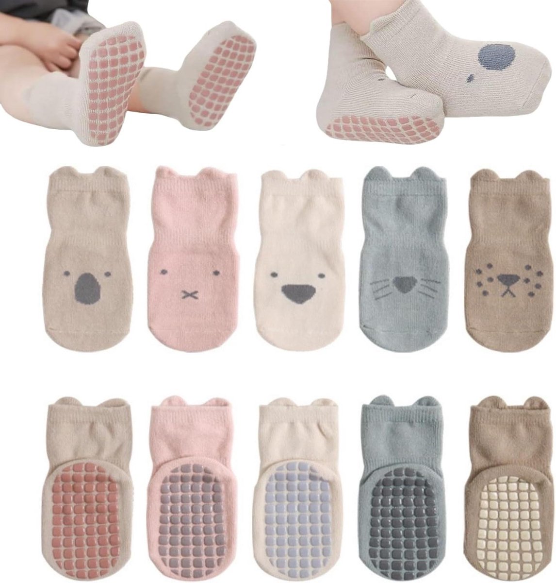 Babysokken - Kindersokken - Veilig Lopen - Antislip Zolen - 5 Paren - Multicolor