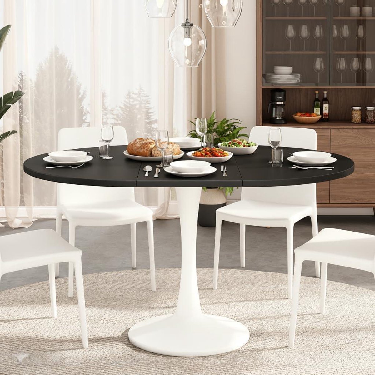 Eettafel Rond Uitschuifbaar - Keukentafel Vergader Vorm - Gezellig Tafelen - Ruimtebesparend Ontwerp - 100/140x40x75cm - Wit Zwart