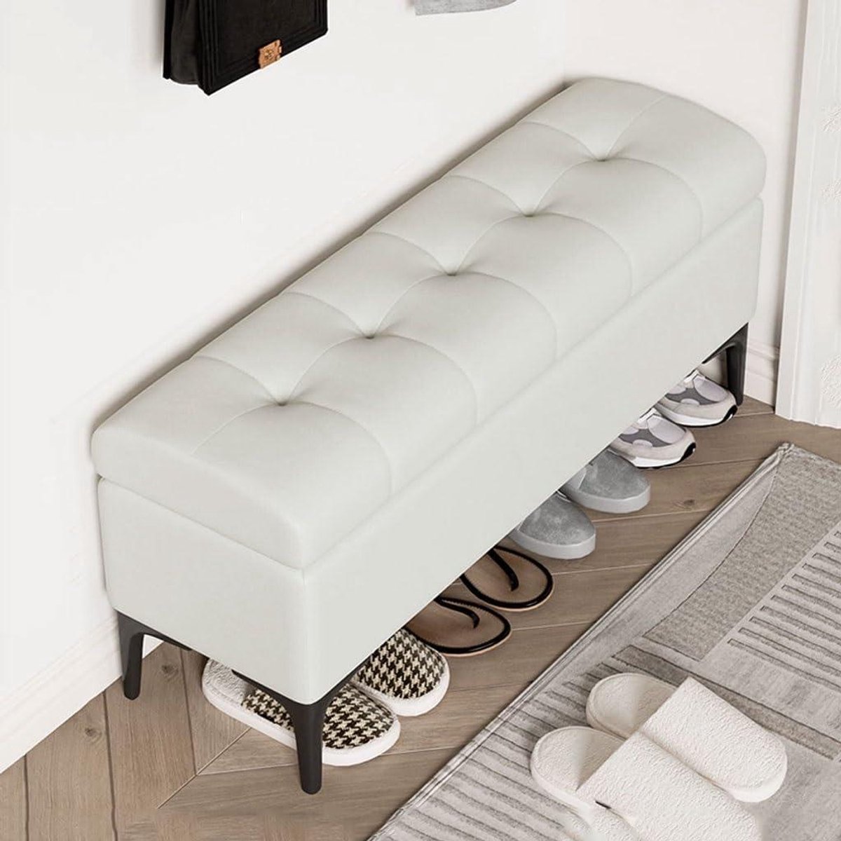 Opbergpoef Met Kussen - Voetenbank Klapbaar - Slaapkamer Bankje - Verborgen Opbergvak - 100cm - Beige