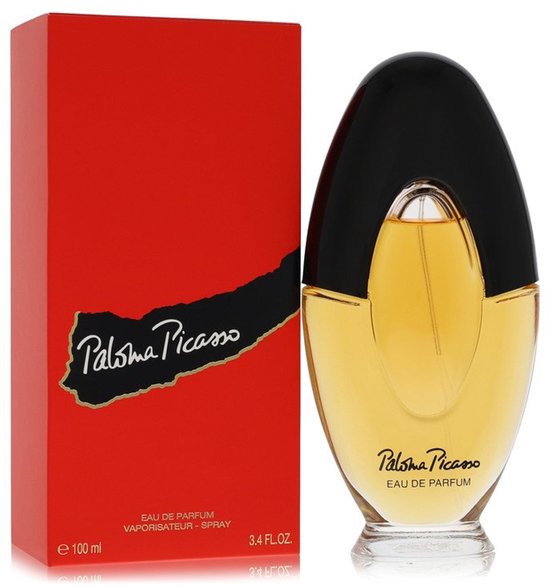 Zwarte ovale parfumfles met gele vloeistof en rode doos. Paloma Picasso Eau de Parfum 100ml.