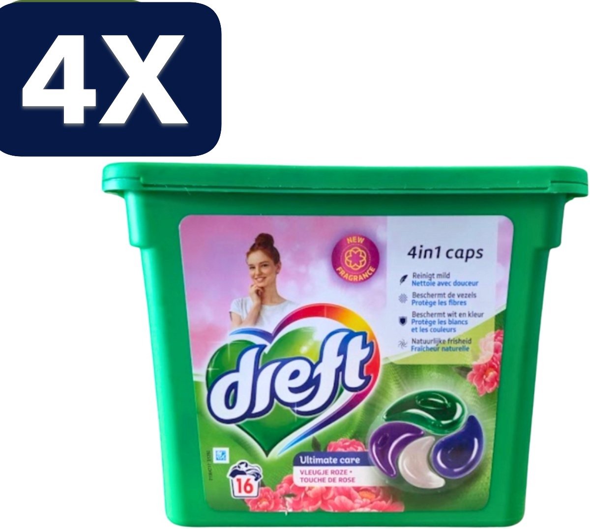 4 x Dreft - Wasmiddelcapsules 4in1 - Witte en Gekleurde Was - Vleugje Roze - 16 Wasbeurten