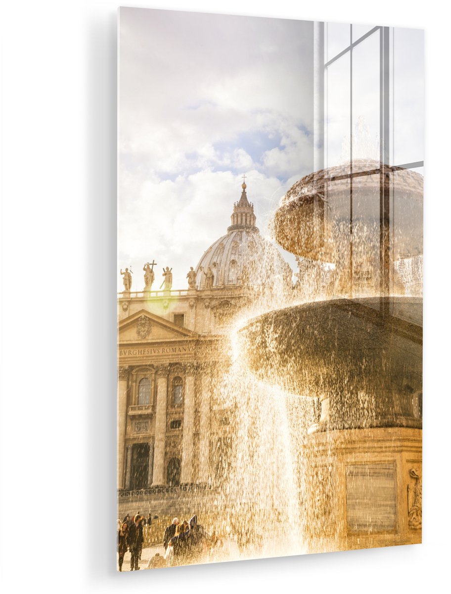 ® Glasschilderij 100x150 cm - Schilderij acrylglas - Fontein op het Sint-Pietersplein bij