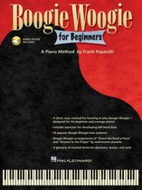 Boek 'Boogie Woogie for Beginners' met een pianotoetsenbord onderaan.