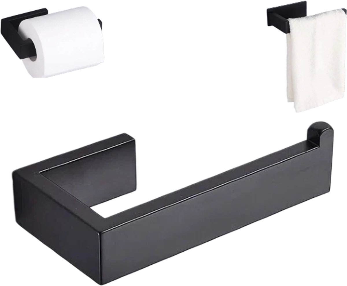 1 stuk - Handdoekrek - Roestvrijstalen kapstokhaak - Handdoekstang - Toiletpapierhouder voor de badkamer - Toiletrolhouder - Tissuehouder - Zwart - 145*75*30 mm - Geschikt voor de badkamer