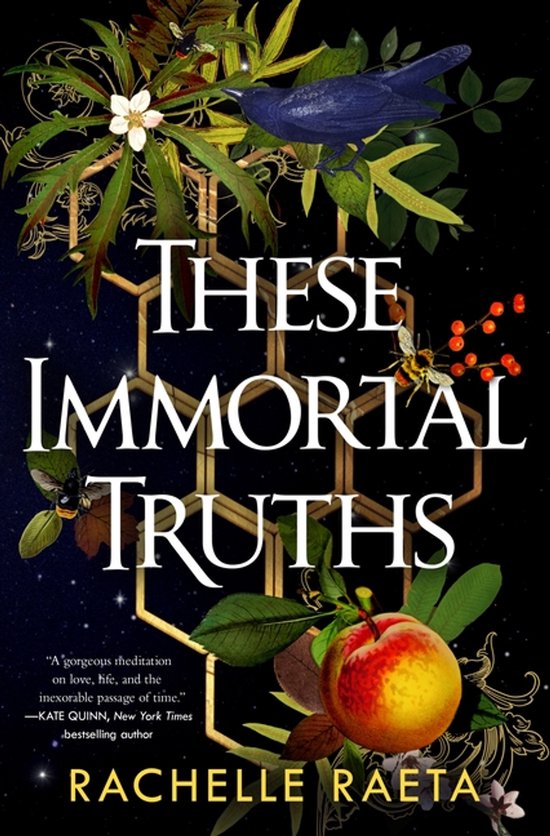 Boek 'These Immortal Truths' met gouden hexagoon, een blauwe vogel, bijen, fruit, bladeren en sterren.