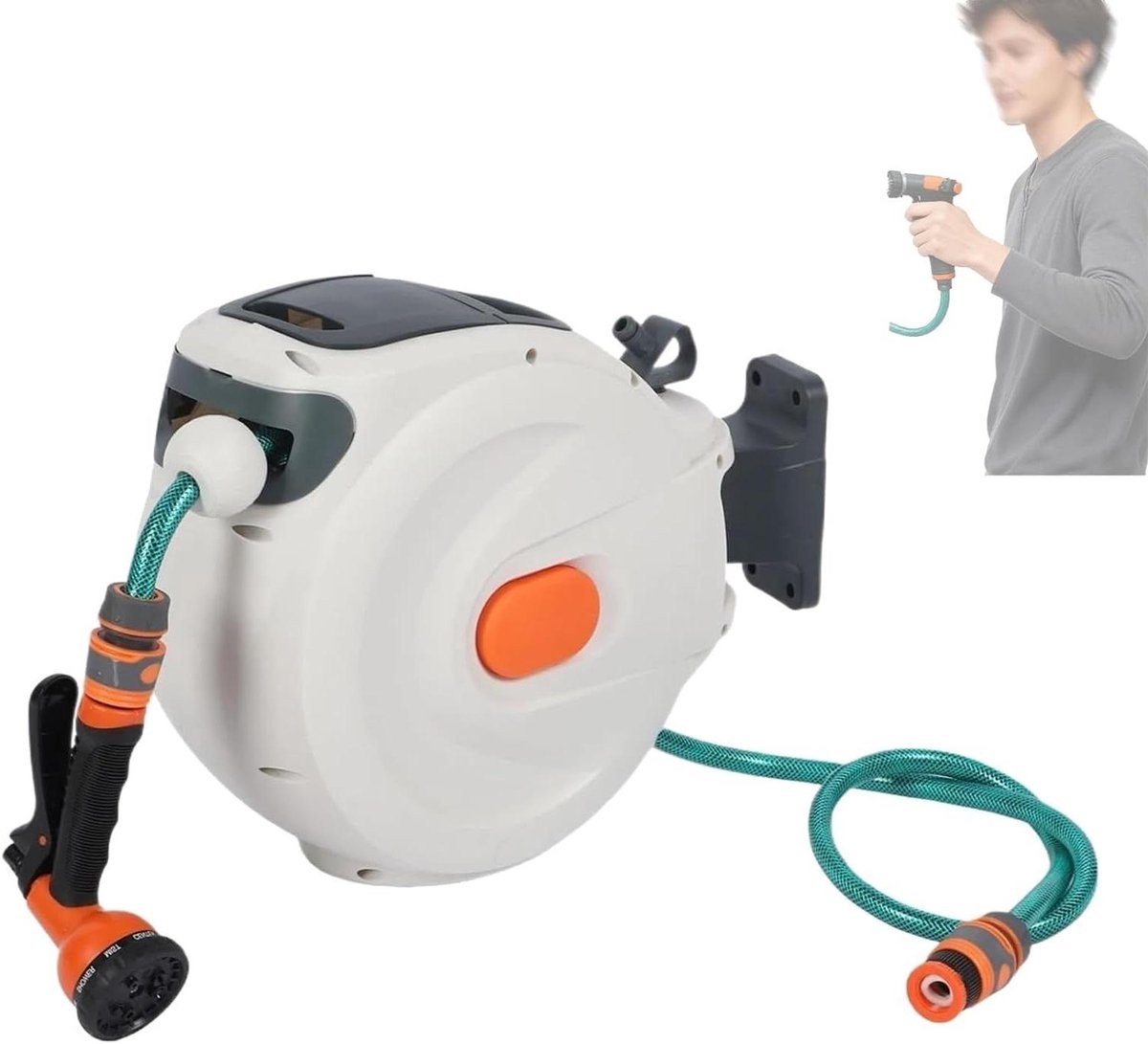 Slanghaspel - Automatische oproller - Tuin water geven - 180 graden draaibaar - 20 meter - Wit