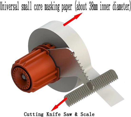 Een tape dispenser met een witte tape rol, oranje kunststof en een metalen snijder met schaalverdeling.