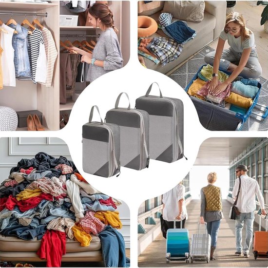 Reis Opbergzakken - Kleding Organisatoren - Koffers Inpakken - Waterdicht Compressie Systeem - 3 Stuks - Grijs — afbeelding 3