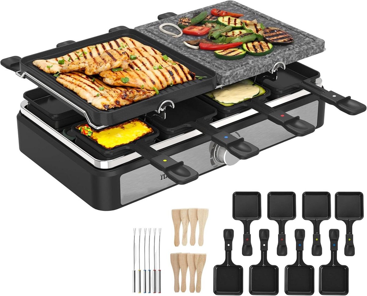 Raclettegrill voor 8 Tafelgrill Partygrill Gezellig Eten Dubbele Grillplaat 52 cm Zwart Natuursteen