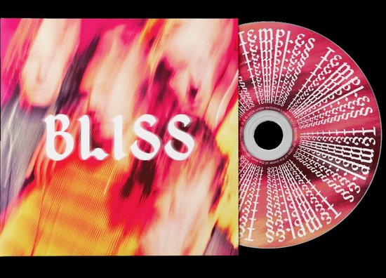 CD hoes met de tekst 'BLISS' in witte letters en een wazige roze en oranje achtergrond. De CD zelf heeft een opvallend, cirkelvormig patroon met witte tekst.