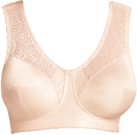 Nude beugelvrije bh met kanten schouderbandjes en een strikje in het midden.