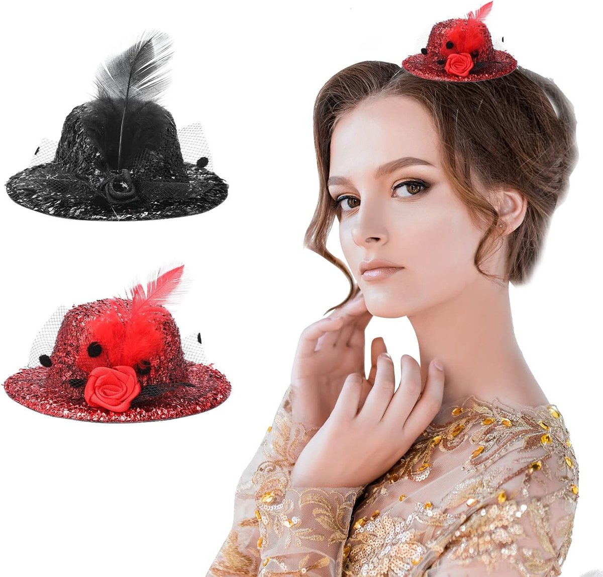 2 Stuks Mini Hoed Carnaval Fascinator Haarband met Mini Cilinder Hoed en Veer voor Kostuum en Feestelijke Thema's