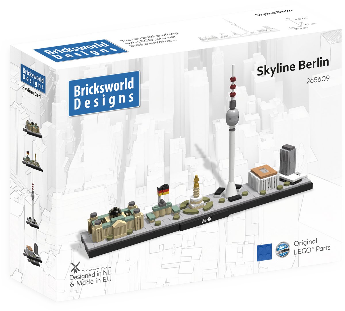 Bricksworld BOC-SKY-BER Architectuur Skyline Berlijn (D) modules Reichstag, Brandenburgertor, Siegessäule, Fernsehturm & Alexanderplatz. Samengesteld uit originele nieuwe LEGO® onderdelen.