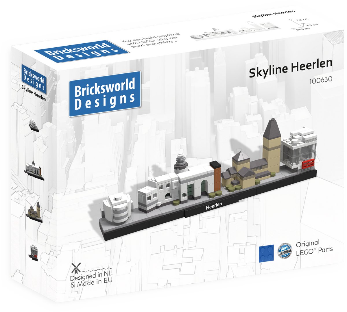 Bricksworld BOC-SKY-HRL Architectuur Skyline Heerlen (NL) modules Royal Theater, Maankwartier, Pancratiuskerk & Schunck Glaspaleis. Samengesteld uit originele nieuwe LEGO® onderdelen.