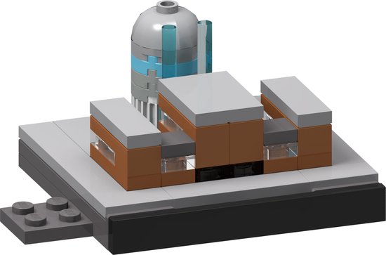 Model van het Bonnefantenmuseum met bruin en grijs, en een toren met blauwe en grijze accenten.