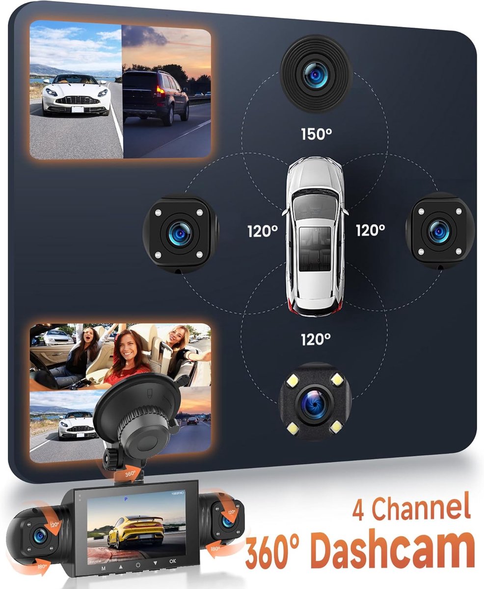 4-kanaals dashcam auto 360°, 4 camera's FHD 1080P voor en achter links rechts – foto 3