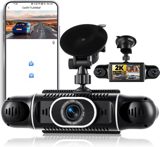 2K Dashcam Auto Voor Achter 4 kanalen, 360 Graden Dashcam 3 Inch met APP, Nachtzicht IR, Loopopname, G-Sensor, parkeerhulp, 24-uurs parkeermodus