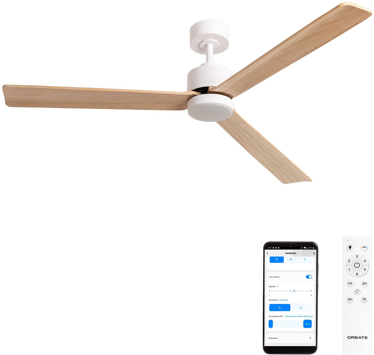 CREATE - Stille plafondventilator 40W met licht - Wit / Licht hout - Ø152cm - WIFI + Afstandsbediening - WIND MODERN