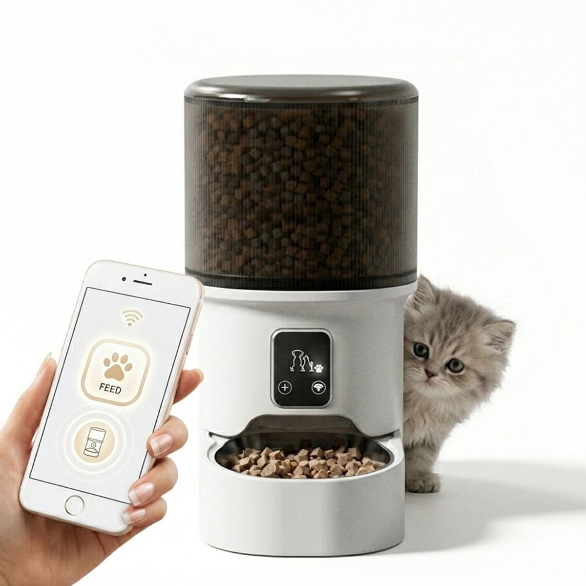 Gloovon® Slimme Automatische Voerbak - WiFi App-besturing & Dubbele Voeding - Voor Droogvoer & Gevriesdroogd tot 16mm - 4L - Wit