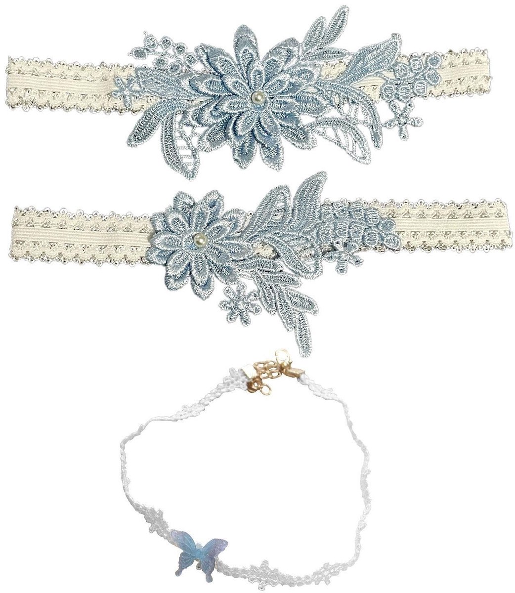 ONF3 - Elegante Bloem Garter Set - Vlinder Kraag - Bruidsaccessoires - In Blauw - Perfect voor Bruiloft - Stijlvolle Accessoires - Voor Bruidsme...