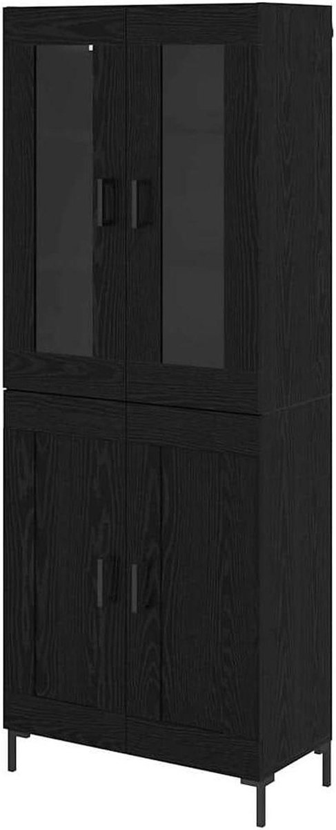 Hoge opbergkast - Smalle kast - Woonkamer opbergen - Glazen deuren - 695 x 34 x 180 cm - Zwart eikenlook