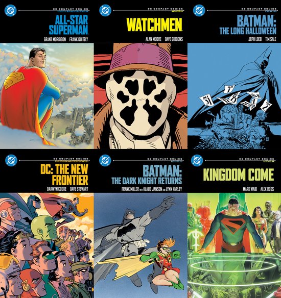 Box met 6 DC Comics, inclusief All-Star Superman, Watchmen, Batman: The Long Halloween, DC: The New Frontier, Batman: The Dark Knight Returns, en Kingdom Come.