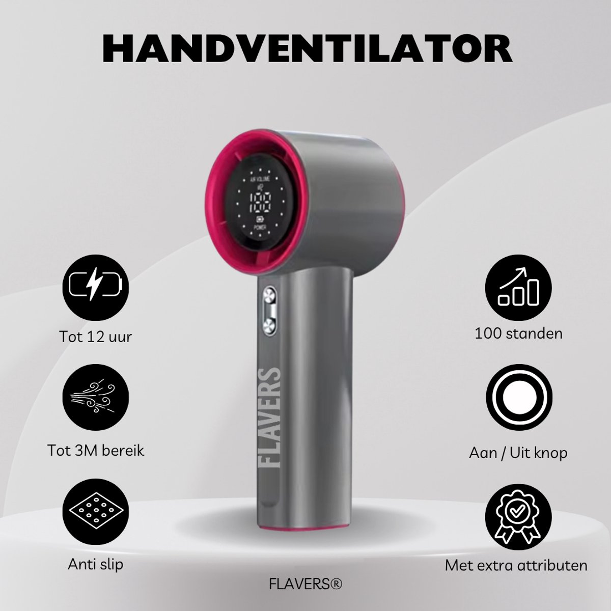 Flavers ® - Handventilator - Grijs - Roze - Mini Ventilator - Hand Ventilator - Mini ventilator Oplaadbaar - Mini Ventilator Usb - USB ventilator - Draagbare ventilator - LED schern - 100 Standen - Modern - tot 12 uur verkoeling