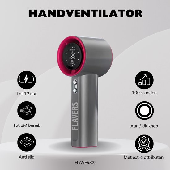 Handventilator oplaadbaar USB Flavers mini ventilator draagbaar 100 snelheden LED scherm 12 uur grijs/roze