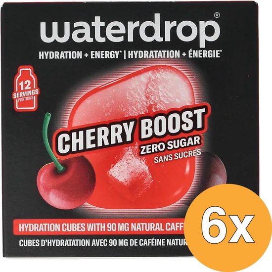 Waterdrop Cherry Boost met 12 porties, zero suiker, 90 mg natuurlijke cafeïne.