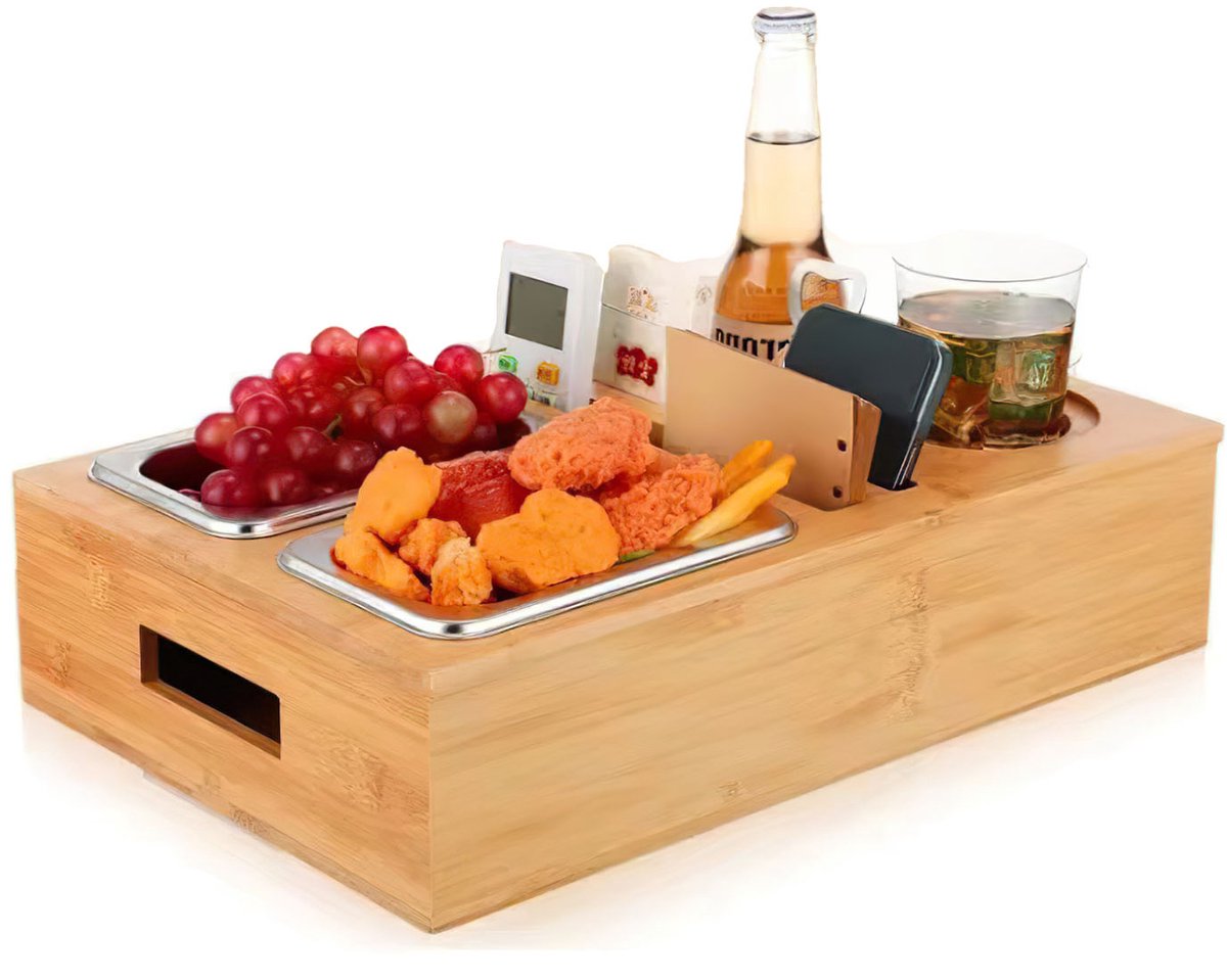 Houten Snack- & Bier Organizer – Serveerplank met Bekerhouders, Schalen & Telefoonhouder – Bamboe Design Dienblad voor Bank & Tafel