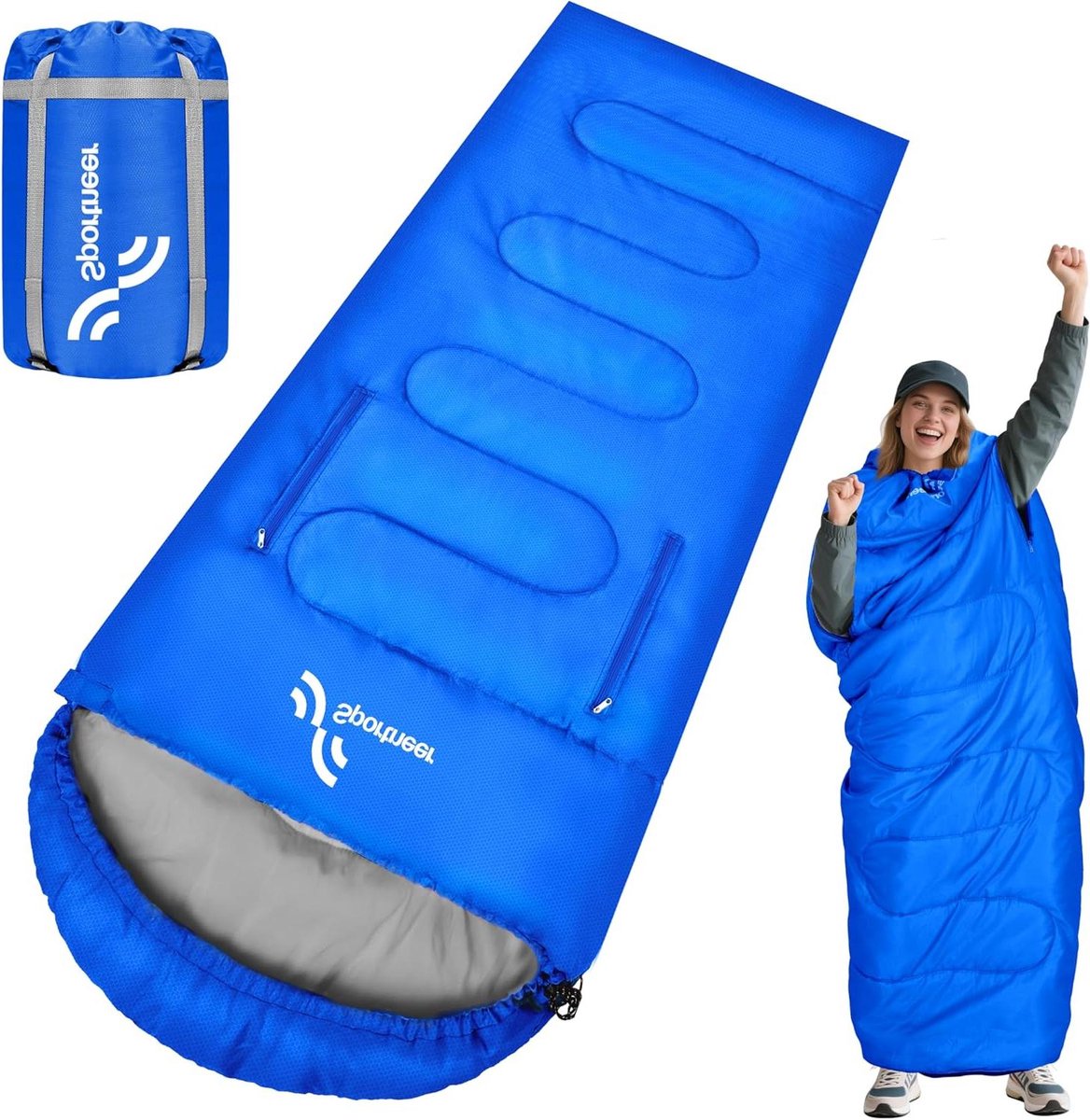 Dekenslaapzak - Outdoor slaapzak Kampeerslaapzak - Kamperen en Reizen - Bewegingsvrijheid met mouwen - 220x85cm - Blauw