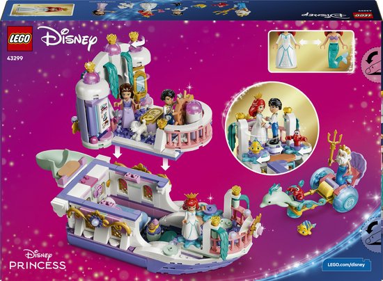LEGO Disney Prinses Ariëls Koninklijke Trouwboot, 519 stuks, met minifiguren van Ariël, Prins Eric, Koning Triton en Sebastian.