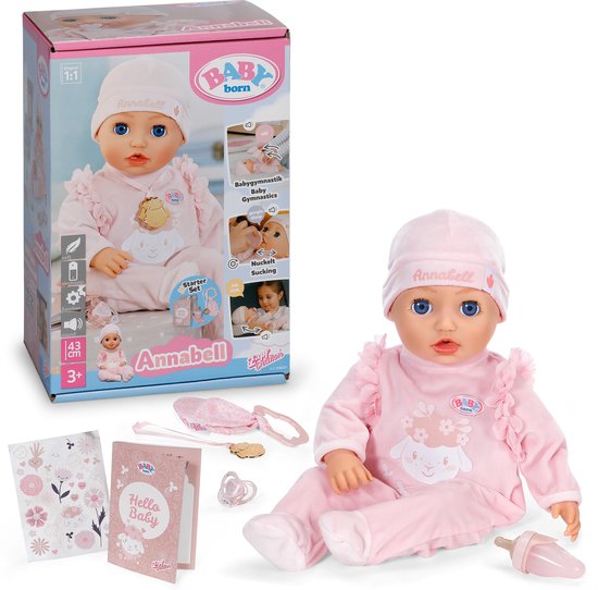 Baby Born Annabell pop, 43 cm, in roze pyjama met schaapjesmotief en accessoires.