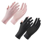 Twee paar lichte handschoenen, één roze, één zwart, met geperforeerde stof en touchscreen vingers.