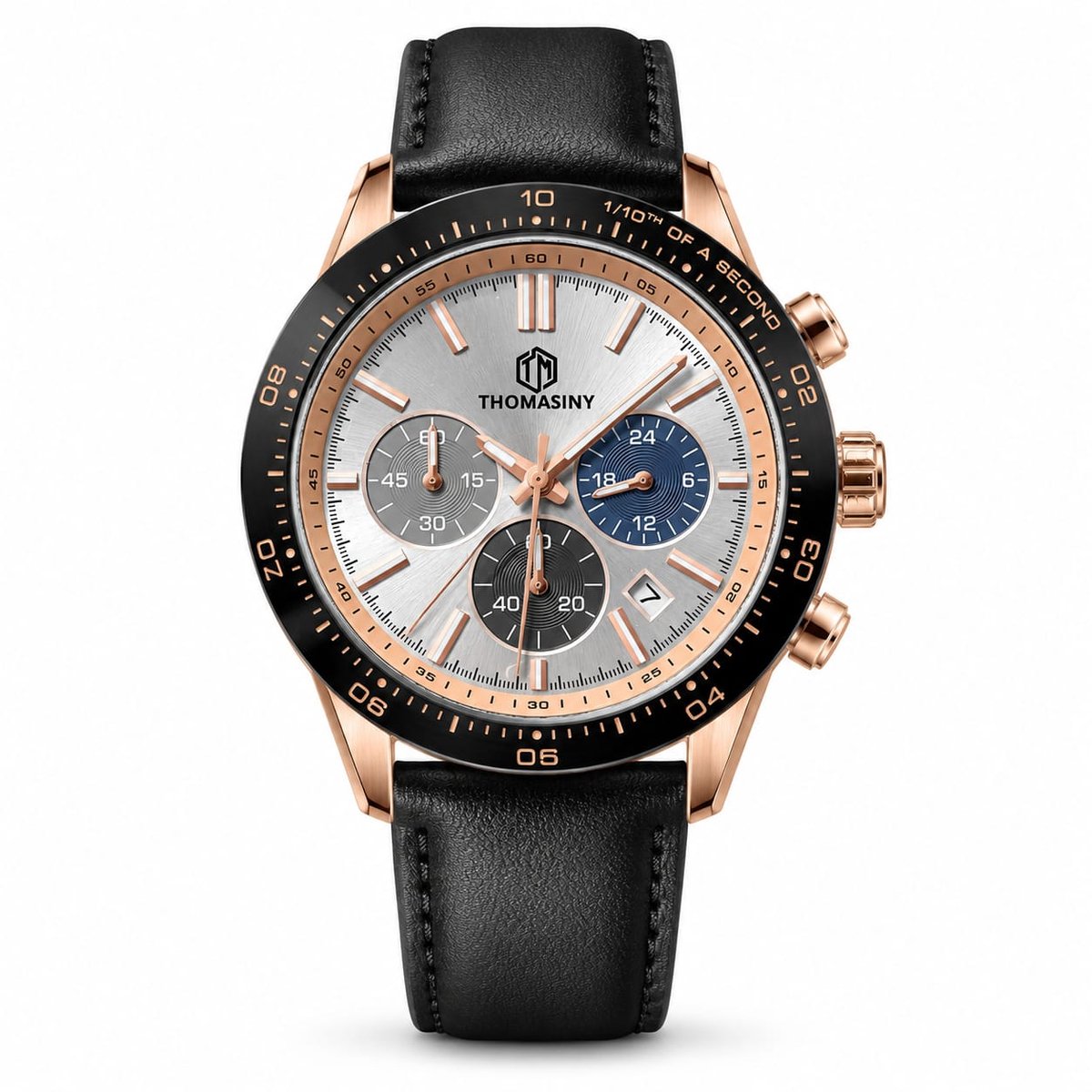 Thomasiny RVS Chronograaf Heren Horloge Seiko VD53 5ATM Rosegold Zwart Luxe Staal