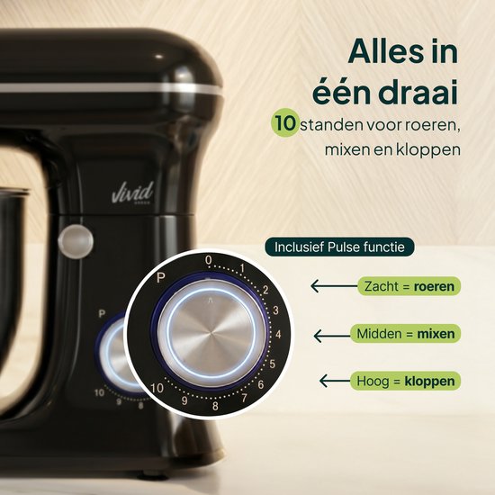 Vivid Green 1500W Keukenmixer - 5L Mengkom - 10 Snelheden - Keukenmachine - Keukenrobot - Zwart