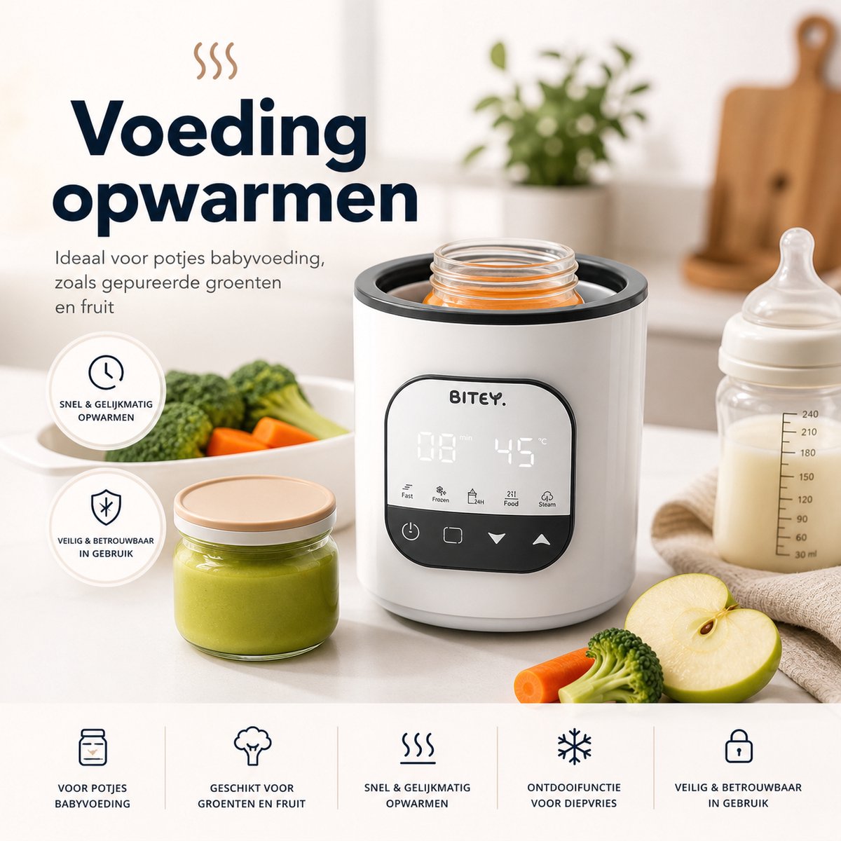 Bitey 9-in-1 Flessenwarmer – Babyfles Verwarmen, Steriliseren, Ontdooien & Warmhouden – Voor Moedermelk, Potjes en Bewaarzakjes thumbnail 6