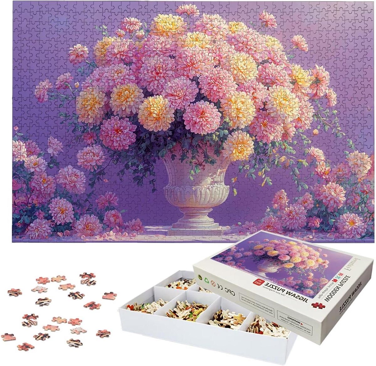 Houten Puzzel - Bloemenpuzzel Volwassenen - Ontspanning en Geheugentraining - Lettermarkering op Achterkant - 122 x 81 cm - Meerkleurig