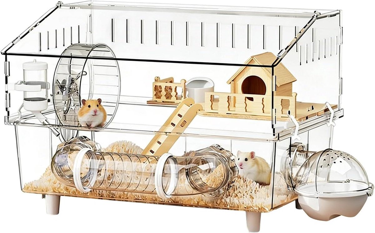 Hamster Habitat - Kleine dierenkooi - Reizen met huisdier - Afneembaar ontwerp - 47x31x17 cm - Transparant