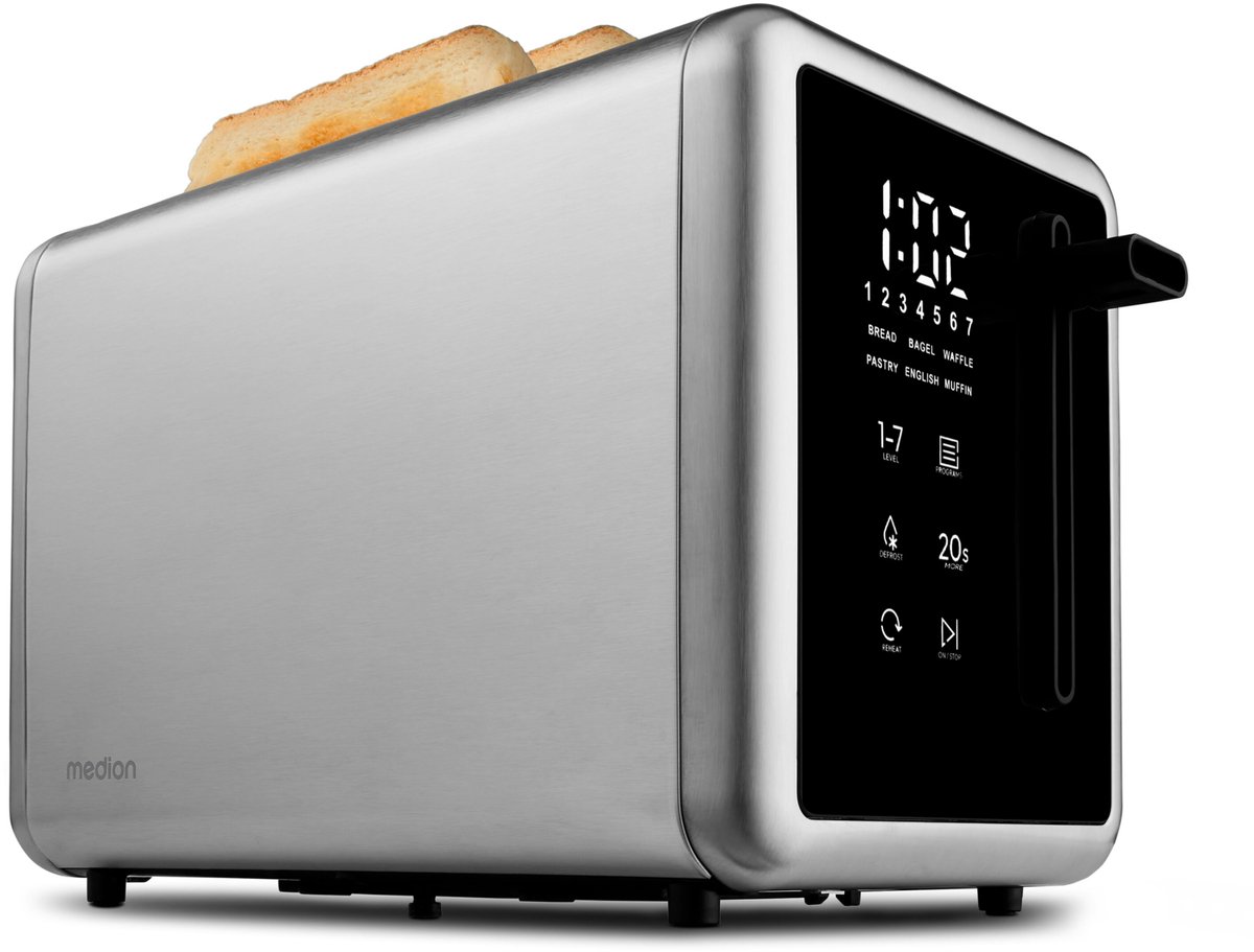 MEDION Broodrooster MD12102 (2 sleuven, LED-aanraakscherm, 7 bruiningsniveaus, 5 automatische programma’s) zilver