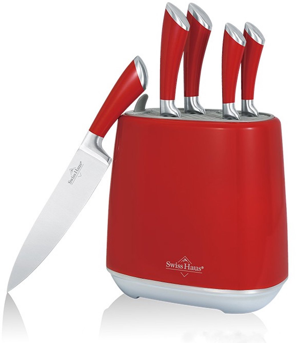 Swiss Haus® KSL6BU Messenset Met Blok – 6 Delige Professionele RVS Keukenmessen Set - Inclusief Santokumes & Koksmes – Vaatwasbestendig – Lake Geneva Collection – Rood