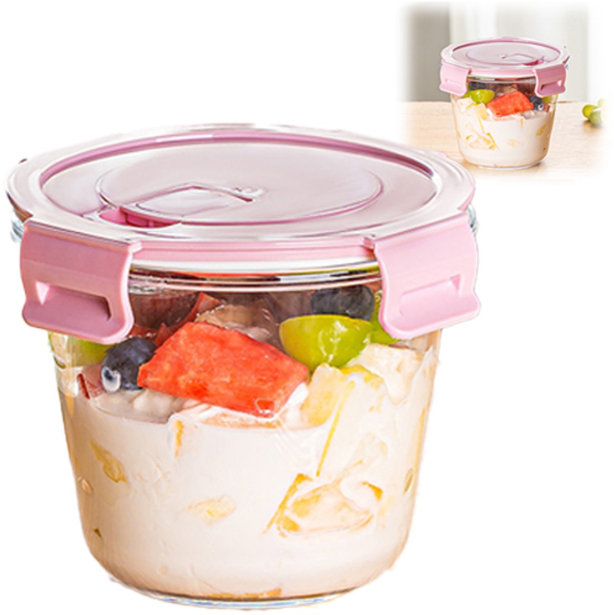 VHV-Vershoudbakjes - Glazen vershoudbakjes - Set van 1 - Bewaarbakjes glas - Luchtdicht - 700 ml - Magnetronbestendig - Voor soep en maaltijden - Roze