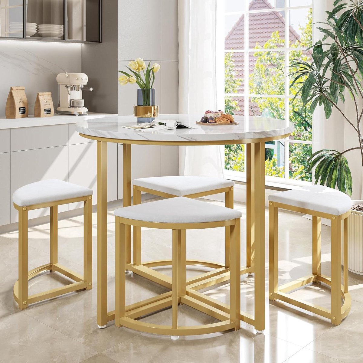 Eettafel Set - Tafel met Stoelen - Samen Eten - Gouden Frame - 80x80x75cm - Wit