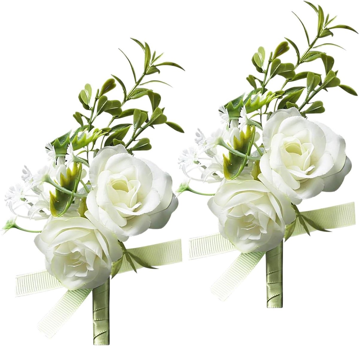 Rozen Boutonniere Set - Reversspeld Corsage - Bruiloft Accessoire - Handgemaakt Realistisch Design - 2 stuks - Wit