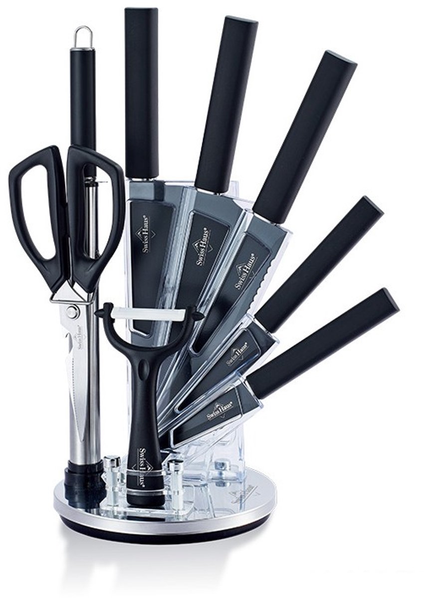 Swiss Haus® KSL9B Messenset Met Blok – 9 Delige Professionele Keukenmessen Set - Inclusief Schaar, Dunschiller & Aaanzetstaal – Antiaanbaklaag – Zwart