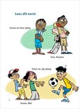 Illustraties van twee groepen kinderen, een met Sanaa, de ander met Erkan, Samen en Mei.
