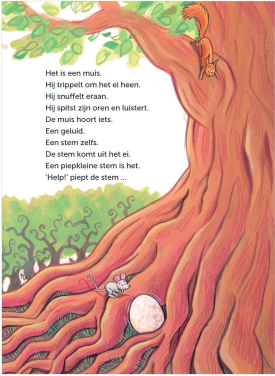 Illustratie van een boom met wortels, een muis, een ei en een eekhoorn. Tekst ernaast.
