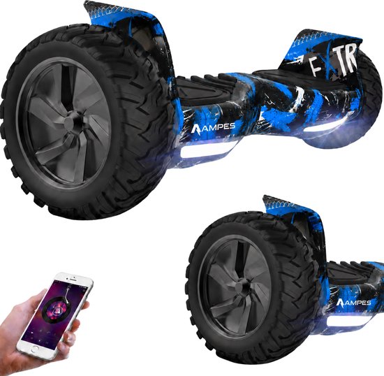 Blauwe Ampes hoverboard met off-road banden, graffiti print en LED-verlichting. Inclusief smartphone met muziekapp.