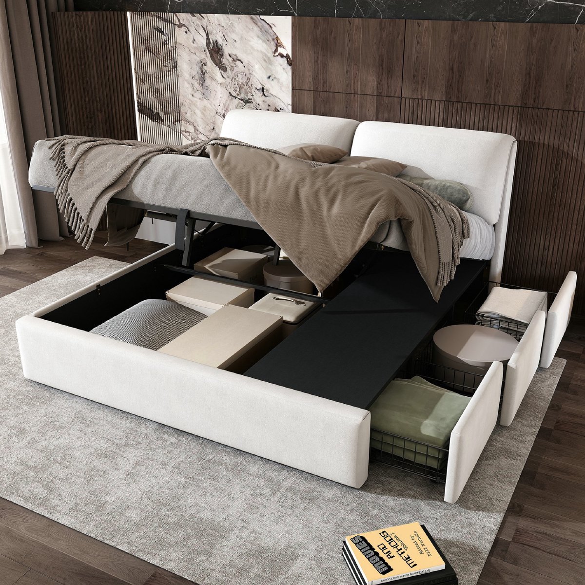 VVBV Bed met opbergruimte 180x200 / Gestoffeerd bed 180x200 / Tweepersoonsbed 180x200 – met Hydraulische Opbergruimte, Lades, Lattenbodem – Hoofdbord beige